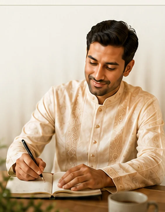 Example profile: Ayan writing in a relaxed portrait